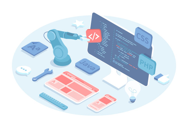 计算机编程和编码。软件开发。在电脑上为网页应用开发编写代码。三维设计中的矢量插图。等距网页横幅。图片下载
