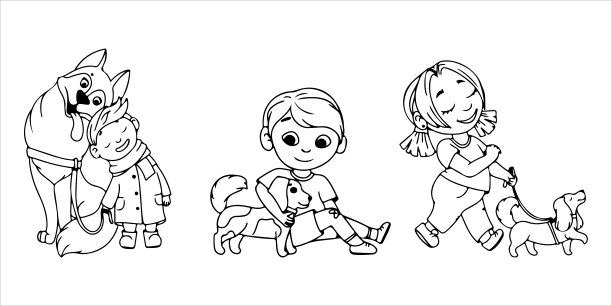 有宠物的孩子。忠诚的朋友。卡通风格的毛茸茸的动物。矢量插图孤立在白色背景上。图片下载