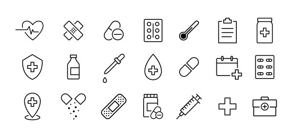 药物矢量图标集。医疗线图标。药品标识收集图片下载