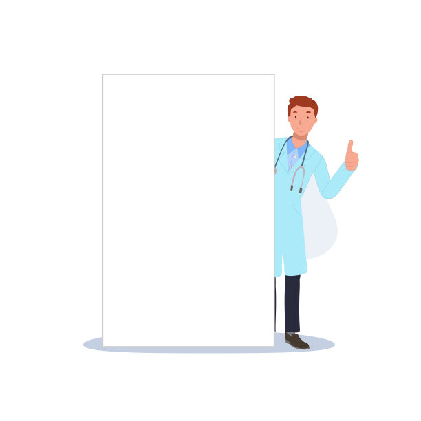 男医生站在白板后面，竖起大拇指。平面矢量卡通人物插画图片下载