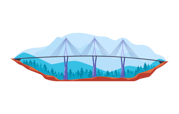 美国海湾上的汽车悬索桥，色彩斑斓的建筑，卡通风格的矢量插画，孤立在白色上。图片下载