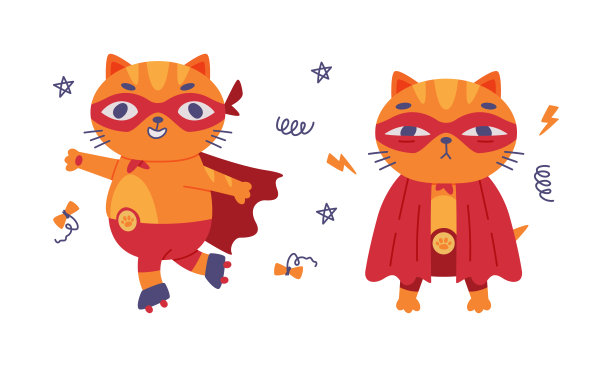有趣的红猫超级英雄。可爱的小猫轮滑，宠物动物角色在红色面具和斗篷卡通矢量插画图片下载
