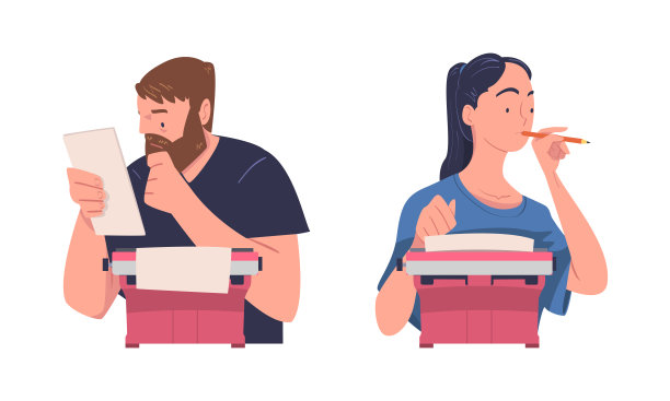 作者在老式打字机上打字。记者，文案，小说家或作家使用老式打字机卡通矢量插图图片下载