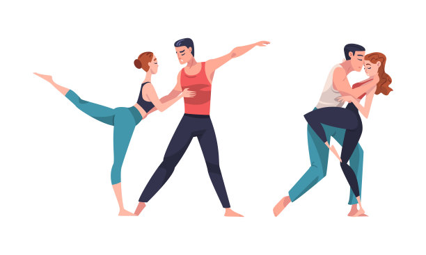 一对芭蕾舞演员在舞池里训练和锻炼。男女专业舞者表演编舞元素卡通矢量插画图片下载