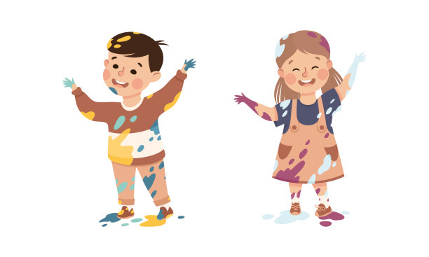 快乐的孩子们在衣服、手和脸上涂上颜料。快乐的小朋友用指纹画卡通矢量插画图片下载