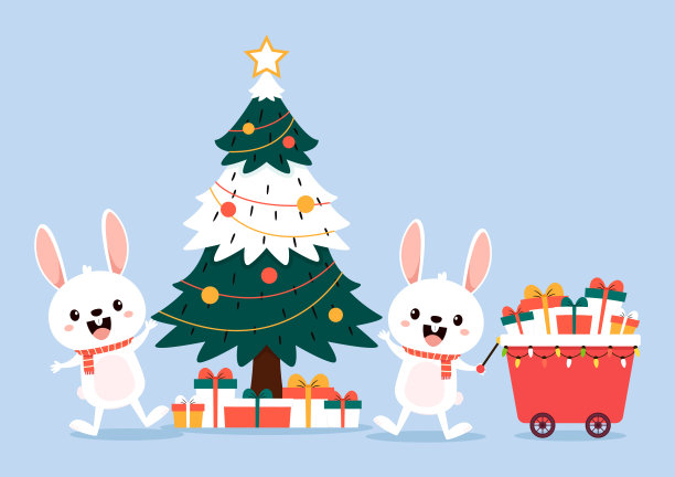 兔子在圣诞节。圣诞购物车与礼品盒。矢量插图。图片下载