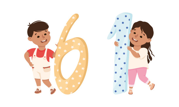 可爱快乐的数字孩子。快乐的男孩和女孩拿着六和一个数字。生日年龄，派对装饰，教材卡通矢量插画图片下载