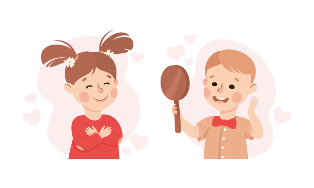 快乐的孩子爱自己。女孩抱着自己，男孩看着镜子里的自己。自我接纳，自我关怀，幸福概念卡通矢量插画图片下载