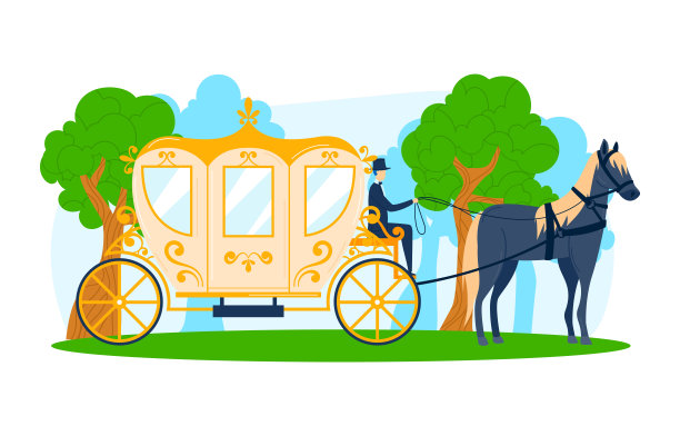 骑马车运输与马，车辆在自然矢量插图。交通用的是旧马车，男人旅行用的是老式马车。图片下载