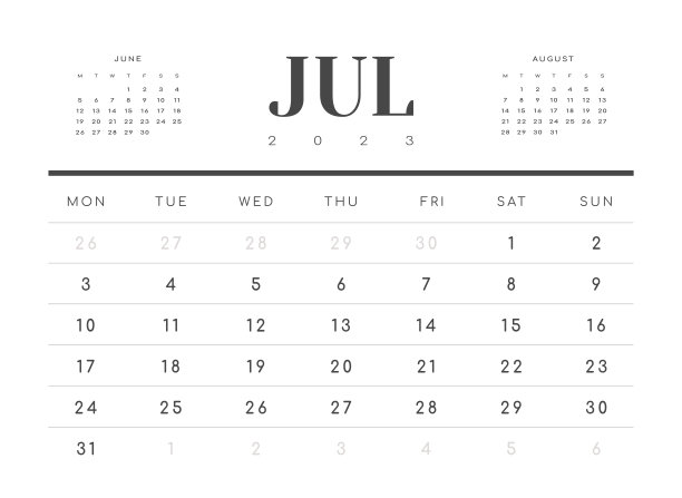 2023年7月月历模板。矢量布局简单日历与周开始星期一。图片下载