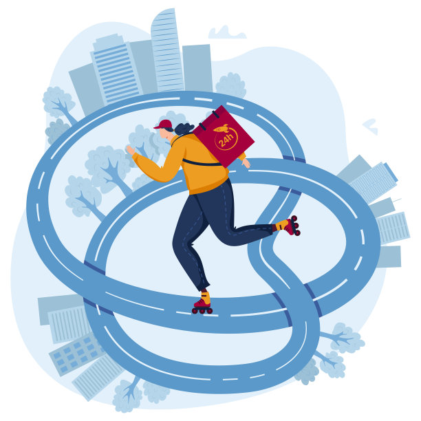 快递员跑走骑从快递服务，矢量插图。平餐外卖快，男主角用24个快递箱下单图片下载