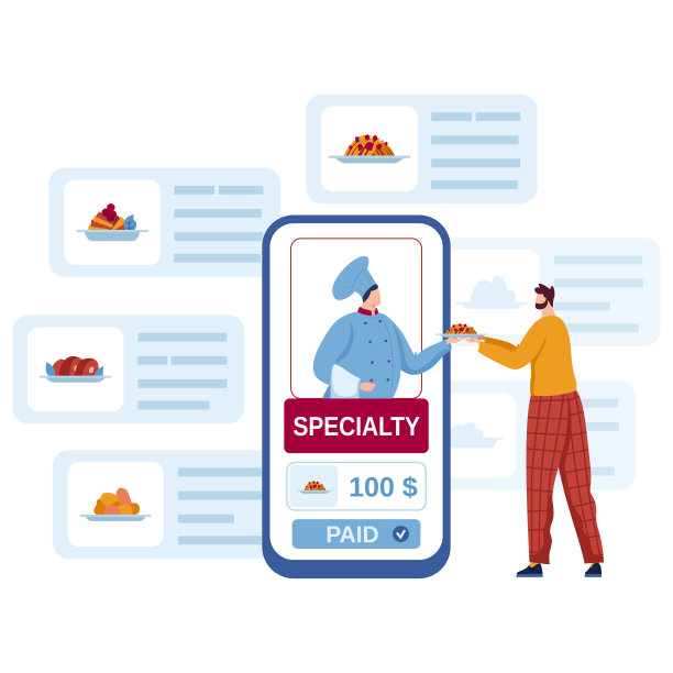 手机外卖应用。网上订餐。厨师使用智能手机获取外卖快递服务矢量图片下载