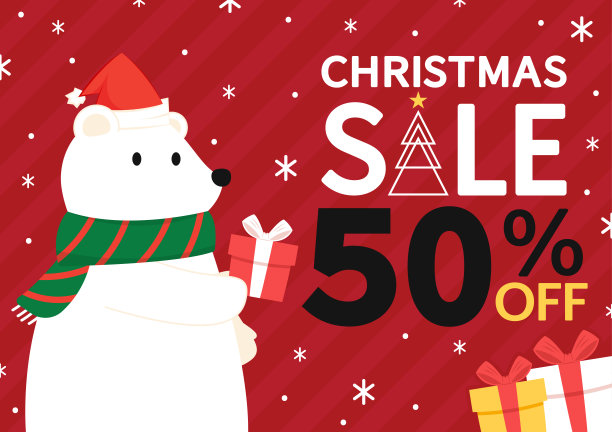 圣诞特卖横幅。白熊卡通向量。角色设计。圣诞贺卡快乐。图片下载