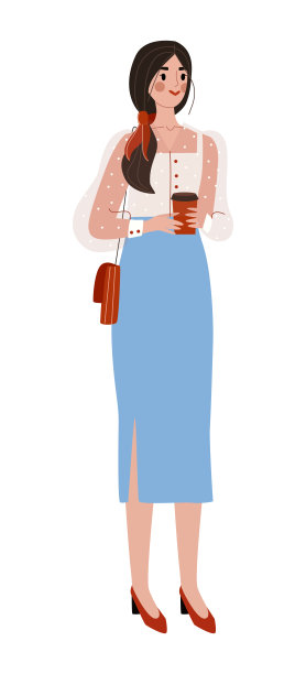 办公室休闲人物，时髦女孩，时尚站姿，现代年轻服装，设计，平面风格矢量插画。图片下载