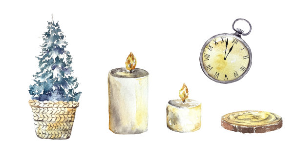 圣诞节装饰舒适的家冷杉树，蜡烛，木制杯垫，手表，时钟水彩插图套装图片下载