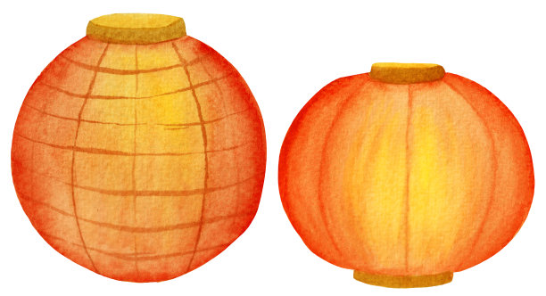 节日水彩画套装，两盏不同形式的灯，白色背景上孤立的红色纸灯笼。图片下载