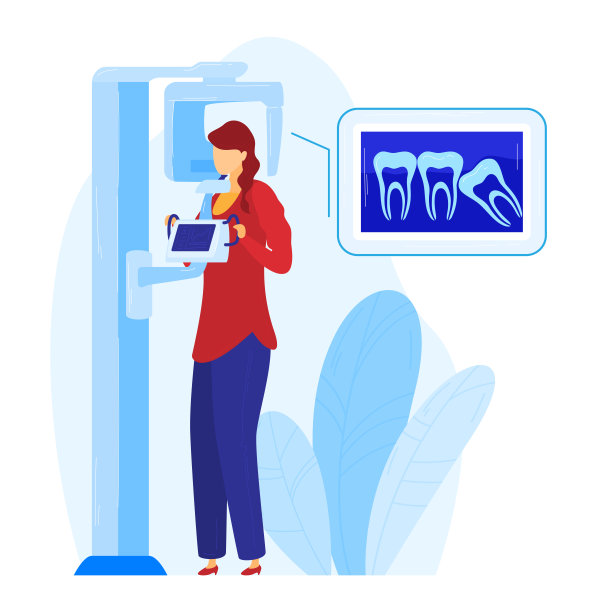 牙科医学，病人在口腔射线摄影矢量插图。医院正畸工具，治疗、检查用牙医设备。图片下载