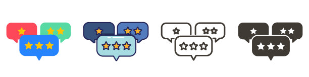 言论气泡与客户反馈。带有聊天气球和星星的矢量细线图标。业务服务证明，率，审查，质量。4种不同的风格图片下载