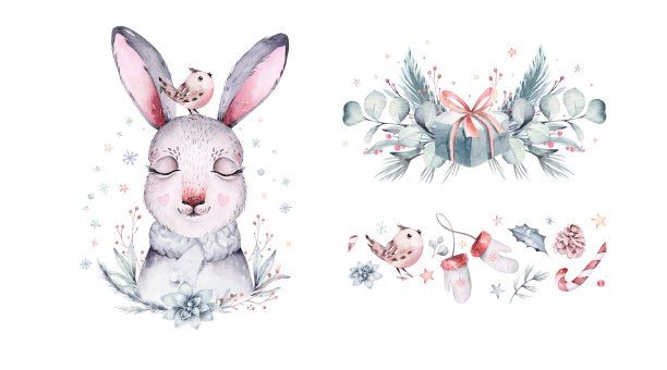 水彩画新年兔宝宝肖像插图海报及圣诞花环。圣诞明信片可爱的卡通兔子在花环。2023年的象征。时尚的苗圃设计图片下载