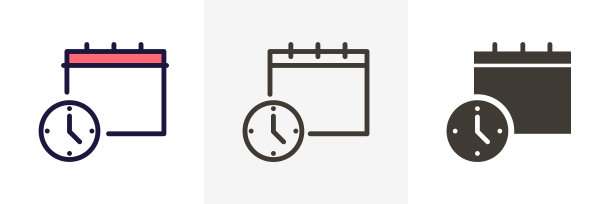 时钟和日历的简单图标。矢量插图的业务，时间表，办公室，例行公事，交付天，截止日期等3不同的风格，薄轮廓，填充轮廓，平面图片下载