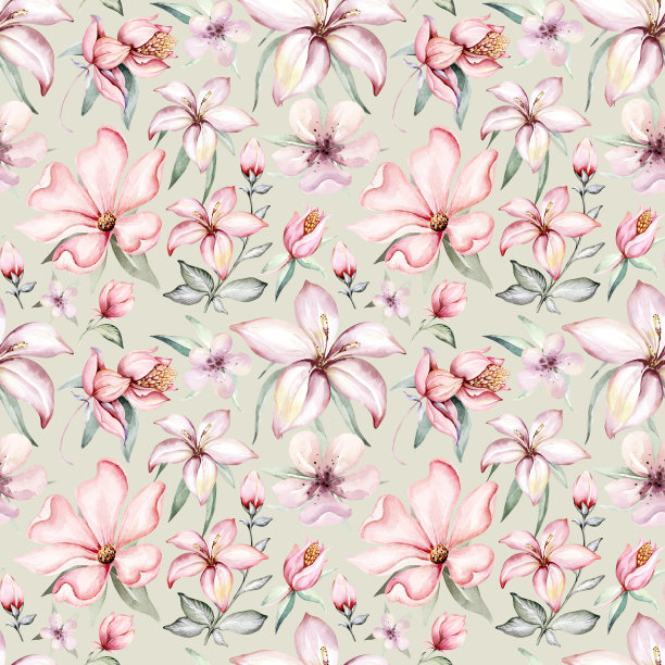 热带水彩鸟蜂鸟，猴子和美洲虎，异国情调的丛林植物棕榈芭蕉叶花，火烈鸟粉彩无缝图案面料背景图片下载