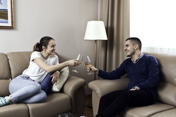 美丽的白种人夫妇微笑着坐在皮沙发上举杯庆祝图片下载