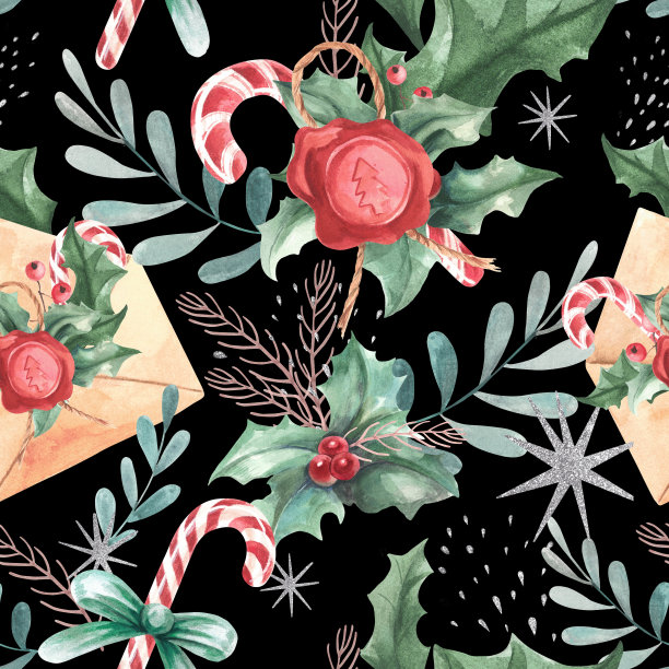 Сhristmas compositions from branches, leaves, berries, and postal envelope and lollipops. Silver splashes. Watercolor on a black background. Seamless Pattern图片下载