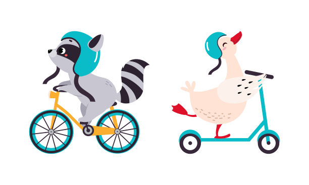 可爱的小动物们喜欢骑马。浣熊骑自行车，小鹅踢滑板车卡通矢量插图图片下载