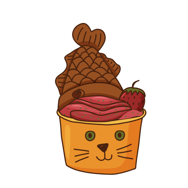 手绘日式鱼形蛋糕，红豆奶油甜馅。手绘涂鸦食物插画图片下载