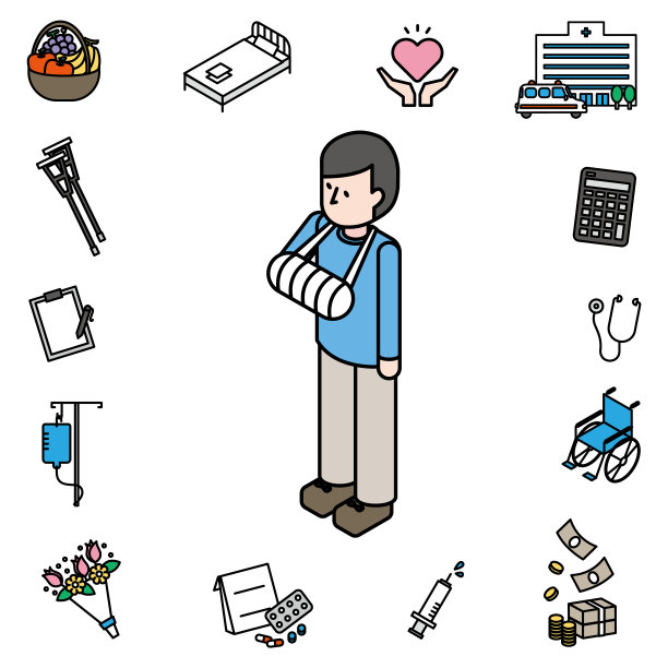 一个手臂骨折的年轻人的等距插图图片下载