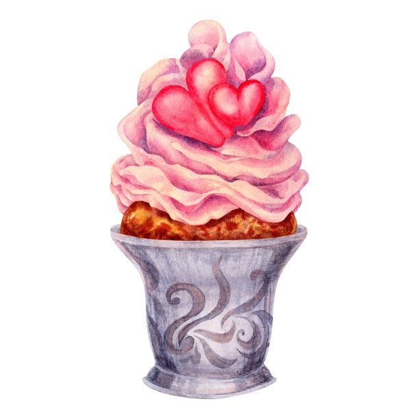 手绘水彩粉色心形情人节纸杯蛋糕，婚礼设计，墙纸，包装纸，糖果，礼品盒，巧克力马克杯。元素隔离在白色背景上图片下载