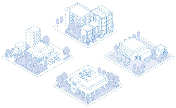 建筑物的三维插图。城市的观点。线条插画。图片下载