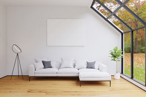 3d渲染插图的一个明亮的客厅与模型相框。图片下载