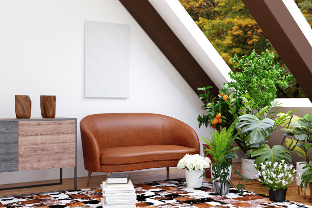 一个明亮的阁楼客厅的3d渲染插图与模型相框和室内植物。图片下载