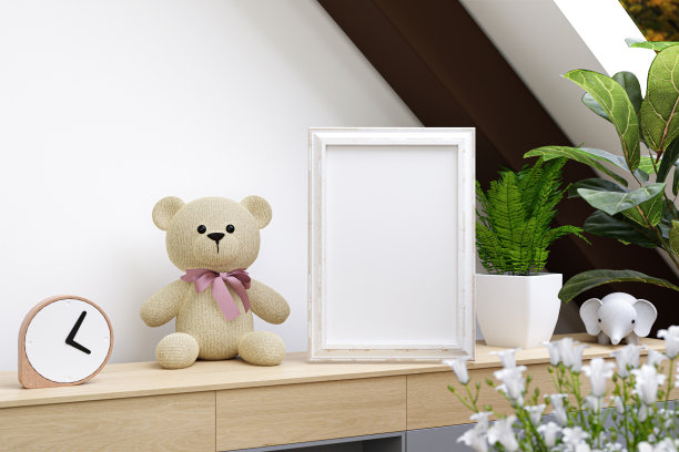 在阁楼客厅的餐具柜上的一个模型相框的3d渲染插图。图片下载