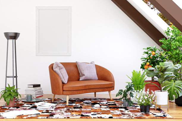 一个明亮的阁楼客厅与室内植物的3d渲染插图。图片下载