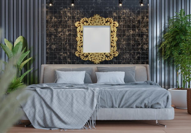 3D现代室内卧室与模型相框图片下载