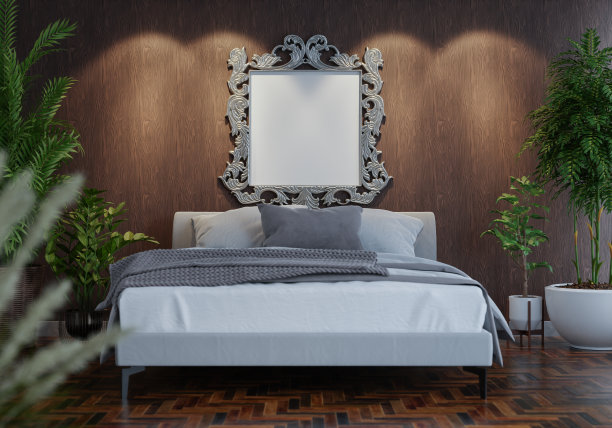 3D现代室内卧室与模型相框图片下载