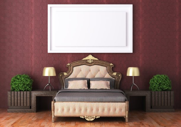 3D现代室内卧室与模型相框图片下载