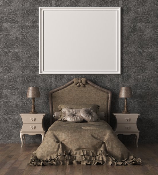 3D现代室内卧室与模型相框图片下载