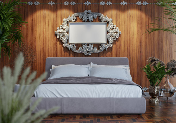 3D现代室内卧室与模型相框图片下载