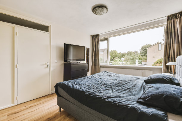 卧室里有一张大床，上面盖着毯子图片下载