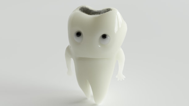 一个不愉快的卡通牙齿看着他的龋齿病- 3D渲染图片下载