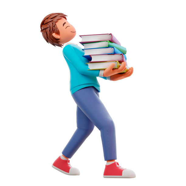 3d渲染的卡通男孩背着许多白底书——教育理念图片下载