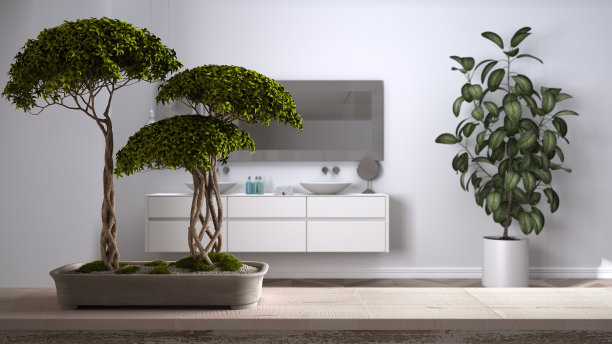 复古木桌架与鹅卵石和盆栽开花盆景，绿色花朵，超过当代浴室洗手盆，现代室内设计，禅意清洁的建筑概念理念图片下载