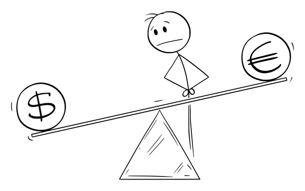 欧元和美元平价，矢量卡通棍图插图图片下载