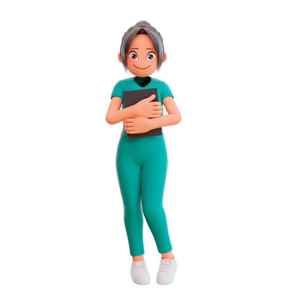 3d渲染的卡通女孩拿着一个平板电脑，一个笑脸孤立在白色的背景图片下载