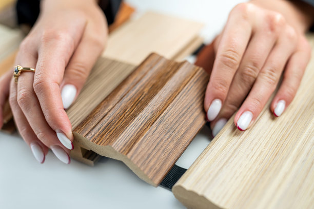 室内设计师手持木质样品，为住宅项目选择木材材料。图片下载