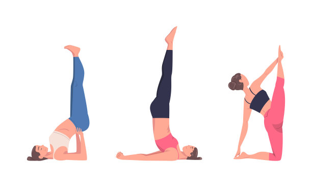 做瑜伽的美女。女生们在课堂上练习肩倒立和垂直劈叉。身体和精神的练习卡通矢量插图图片下载