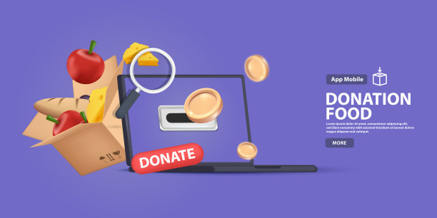 笔记本上的3D食物捐赠应用，志愿和慈善概念图片下载